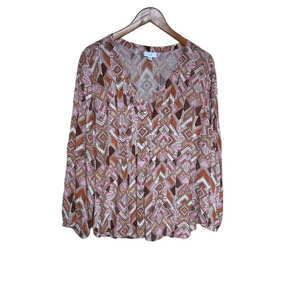 J. Jill woman size 1X Pin-tuck Tunic 100% Rayon‎ Top Earthy Peach Tribal Print - Picture 1 of 8